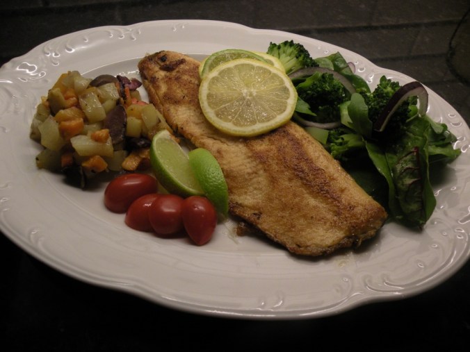 Röding med rotfruktspytt och broccolisallad