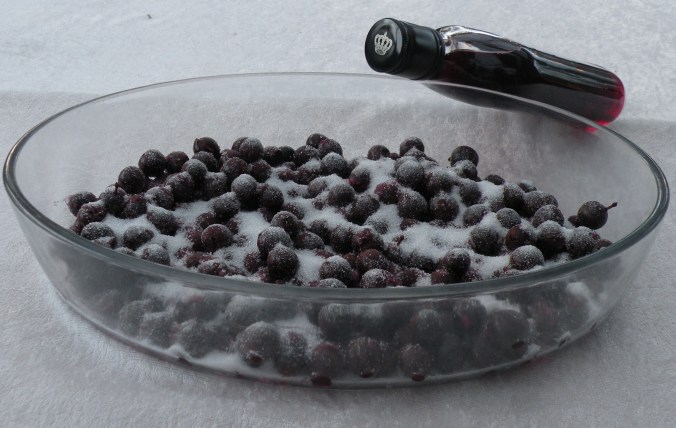 Slånbärsspriten är på flaskan, bären har sockrats och ska stå några dagar till